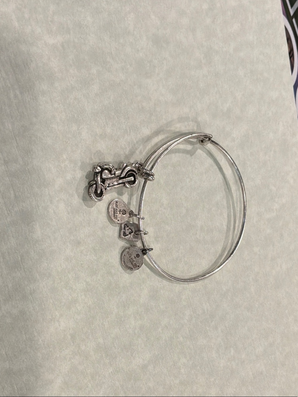Alex and Ani Silver Charm Bangle Bracelet with 4 Heart and Motorcycle Charms